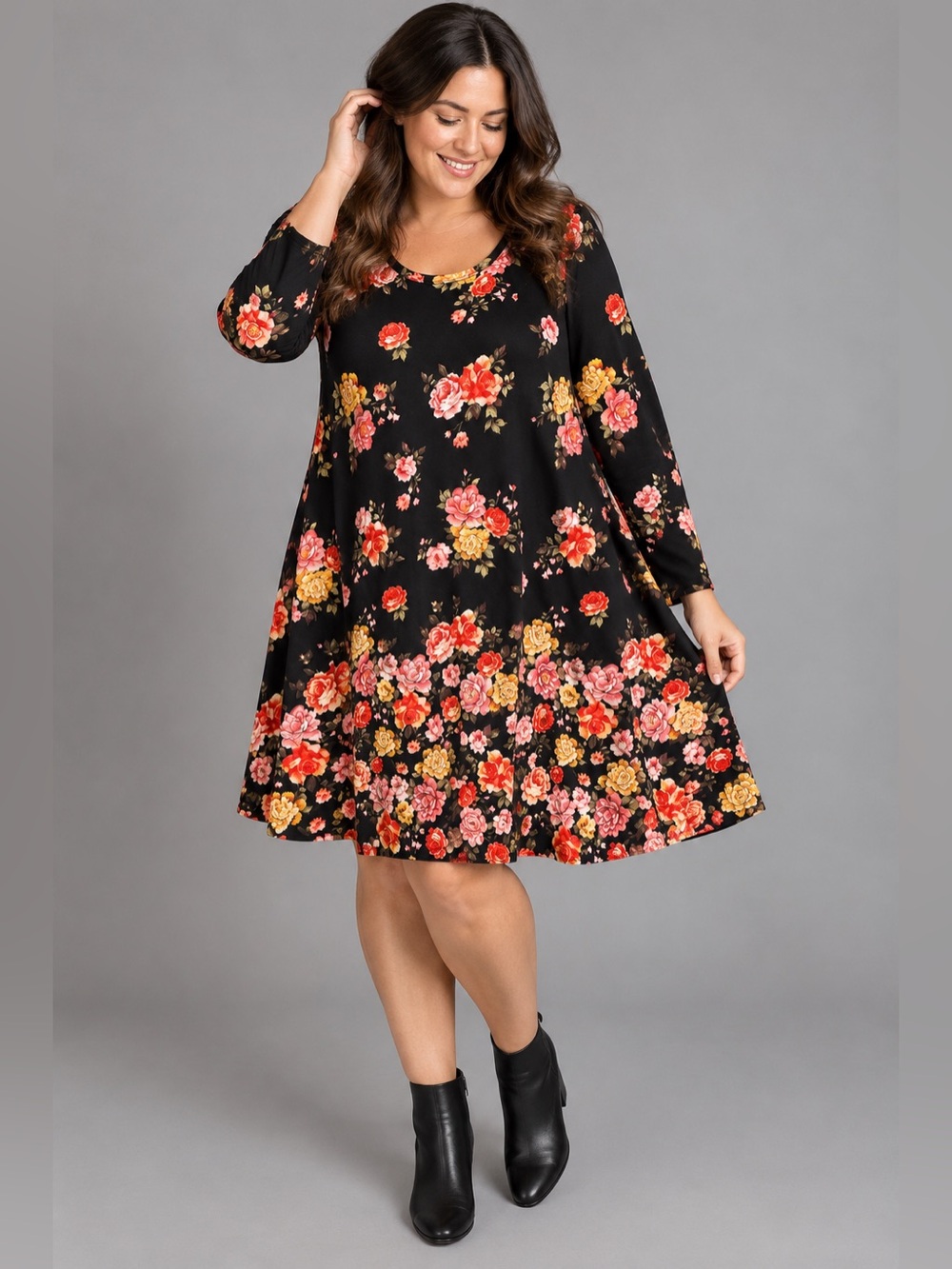 Floral Swing Dress Black Rose Print Long Sleeve L